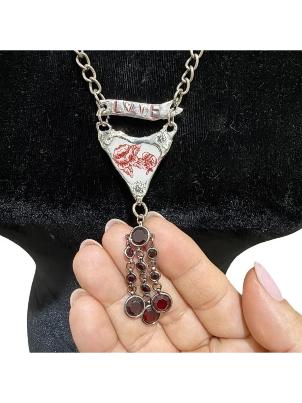 Repurposed Porcelain Love Banner Necklace - Vintage Garnet Tassel - Silver Chain